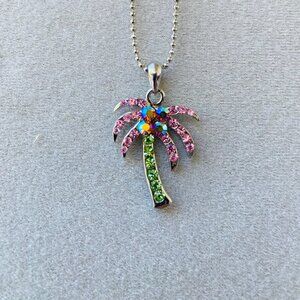 Vintage Cookie Lee silver chain palm tree necklace with genuine crystals